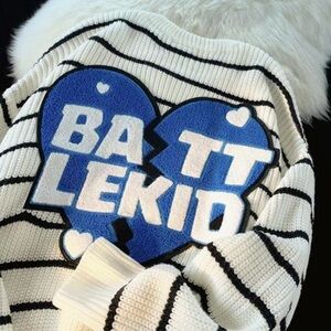 Battlekid Striped Towel Embroidery Sweater with Blue Patch Heart Harajuku Kawaii